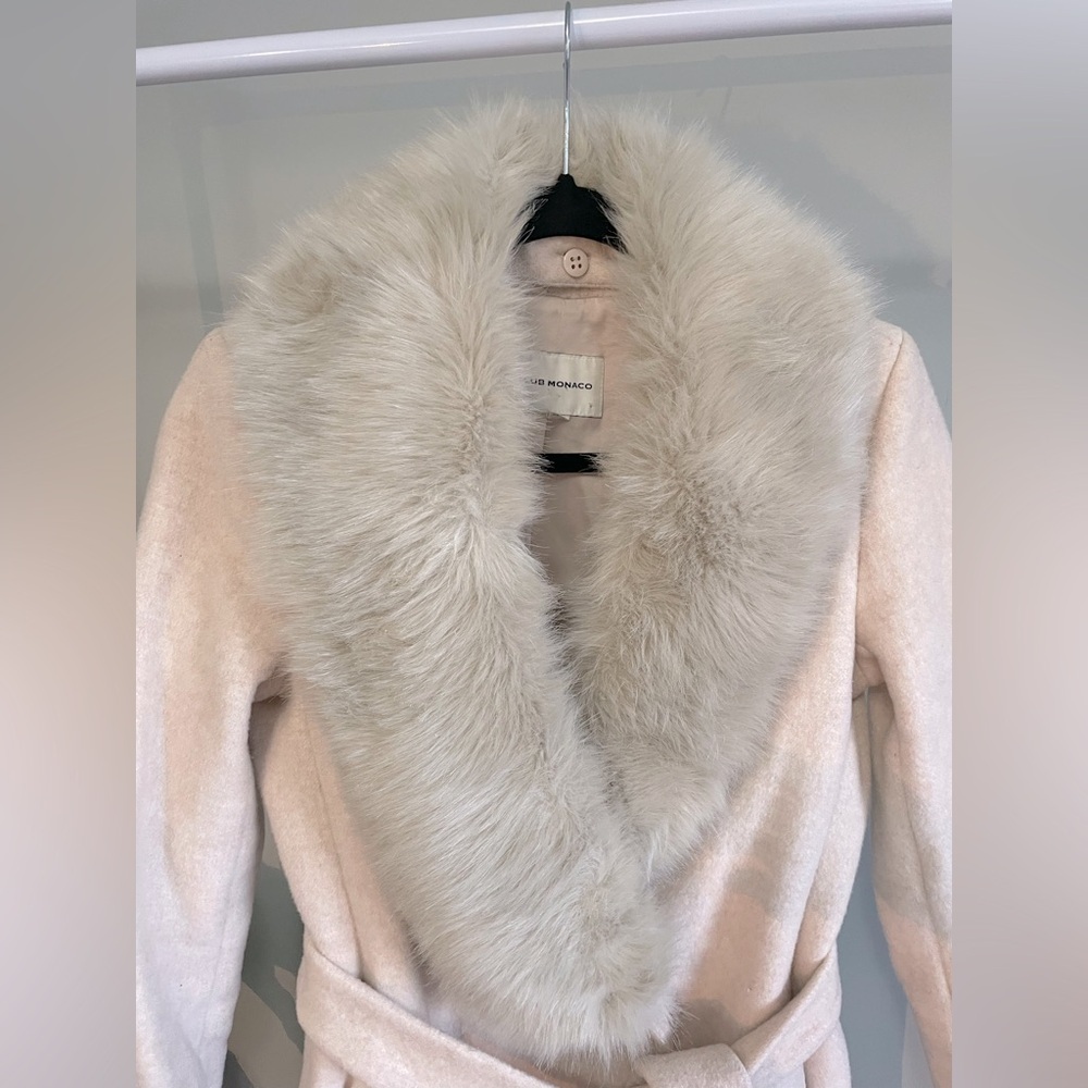 Club Monaco Light Oatmeal Lenoria Wool Coat with Detachable Fur Hood Size Small - Picture 2 of 7